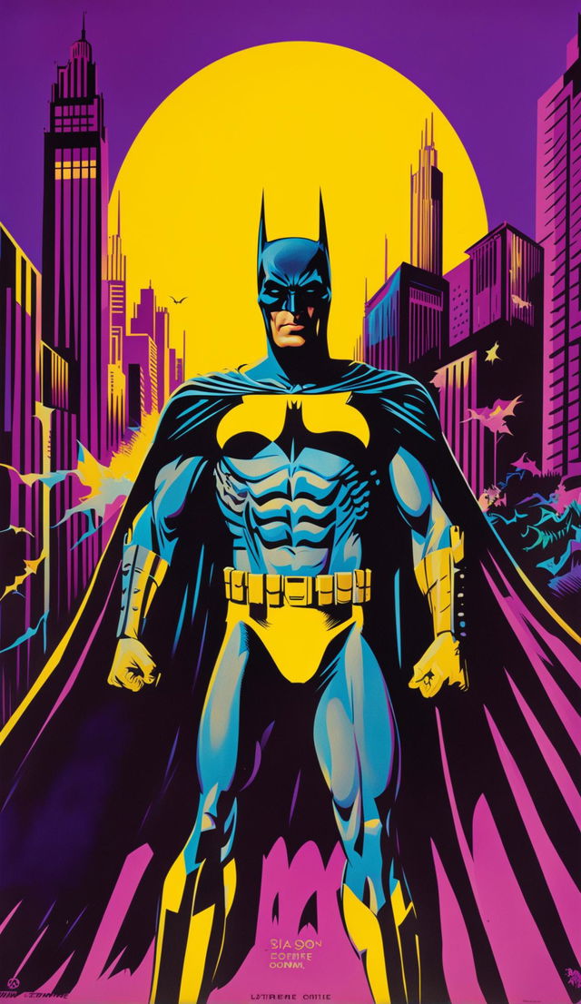 A 60s vintage movie poster featuring Batman in a dynamic pose against a vibrant pop-art backdrop of Gotham City.