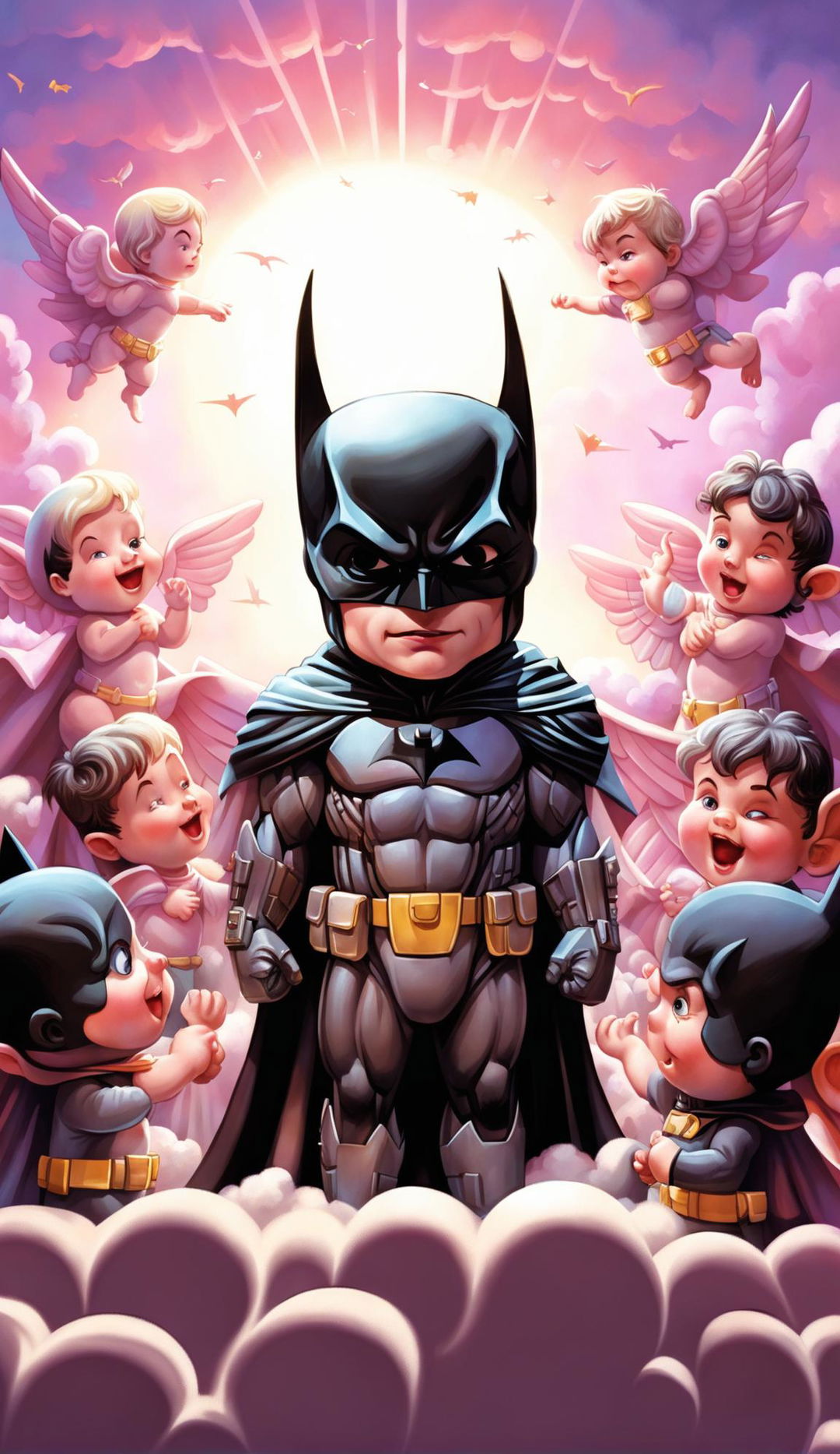 A child-friendly poster featuring a cartoonish Batman surrounded by playful cherubs against a pastel Gotham City skyline.