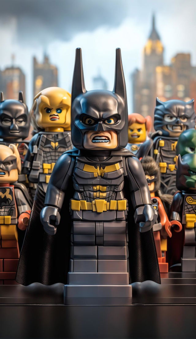 A high-resolution product editorial photograph of a 200mm Lego Batman poster.