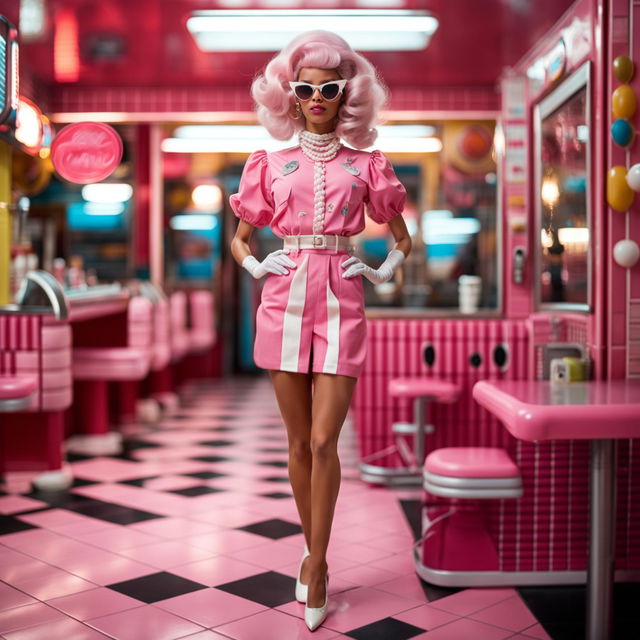 A distant shot of a female model in a Barbie-inspired outfit amidst a vintage setting