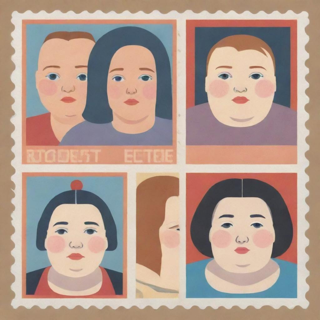 Generate three individual portraits of obese robot girls, in the unique illustration style of Chris Ware, each designed to fit on a stamp