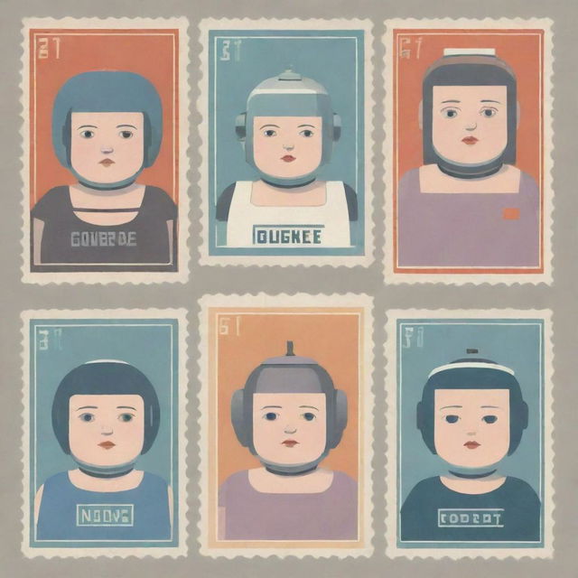 Generate three individual portraits of obese robot girls, in the unique illustration style of Chris Ware, each designed to fit on a stamp