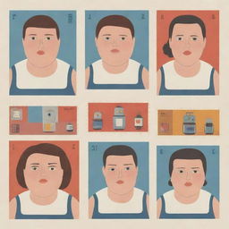 Generate three individual portraits of obese robot girls, in the unique illustration style of Chris Ware, each designed to fit on a stamp