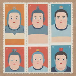 Generate three individual portraits of obese robot girls, in the unique illustration style of Chris Ware, each designed to fit on a stamp