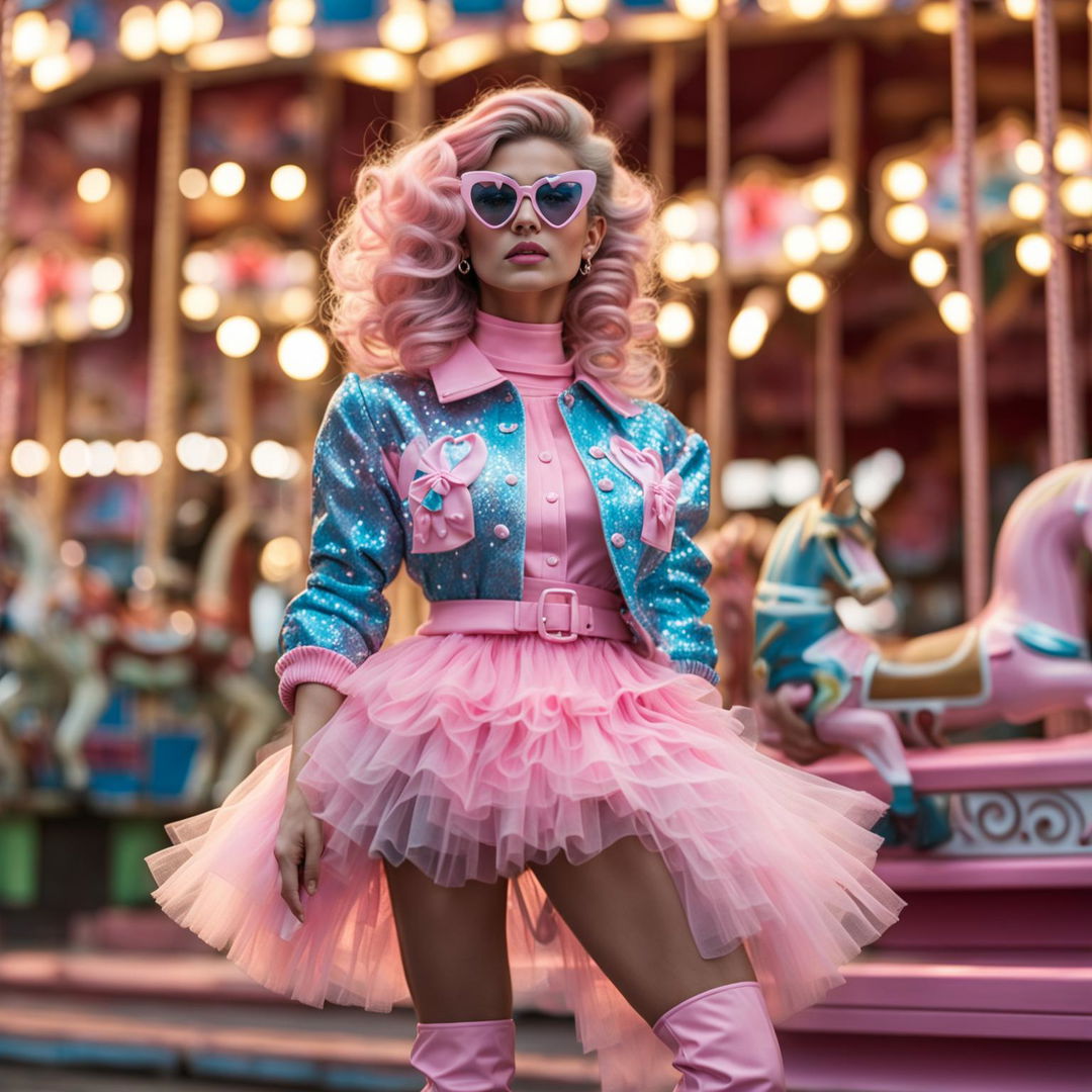 A fresh model in a unique Barbie-inspired outfit, captured in a vintage setting with a pink aesthetic