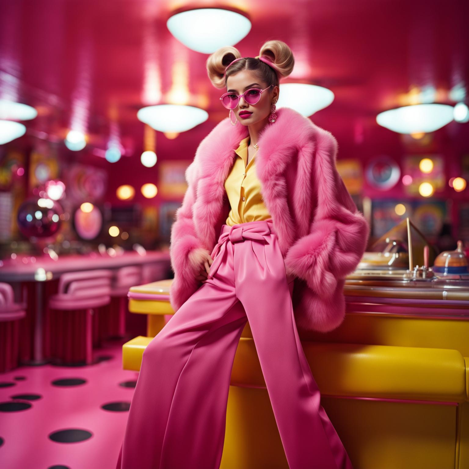 A different model in a new Barbie-inspired outfit, set against a vintage backdrop with a pink aesthetic