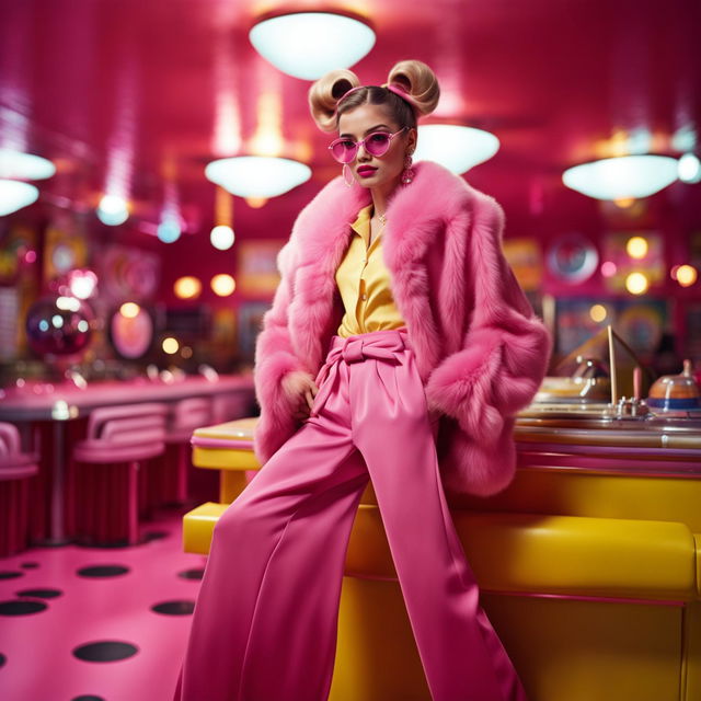 A different model in a new Barbie-inspired outfit, set against a vintage backdrop with a pink aesthetic