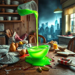 A wooden kitchen table filled with various baking ingredients like flour, sugar, eggs, and butter, with a vibrant, bright green gelatinous liquid being poured from a container into a central bowl