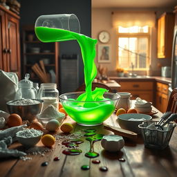 A wooden kitchen table filled with various baking ingredients like flour, sugar, eggs, and butter, with a vibrant, bright green gelatinous liquid being poured from a container into a central bowl