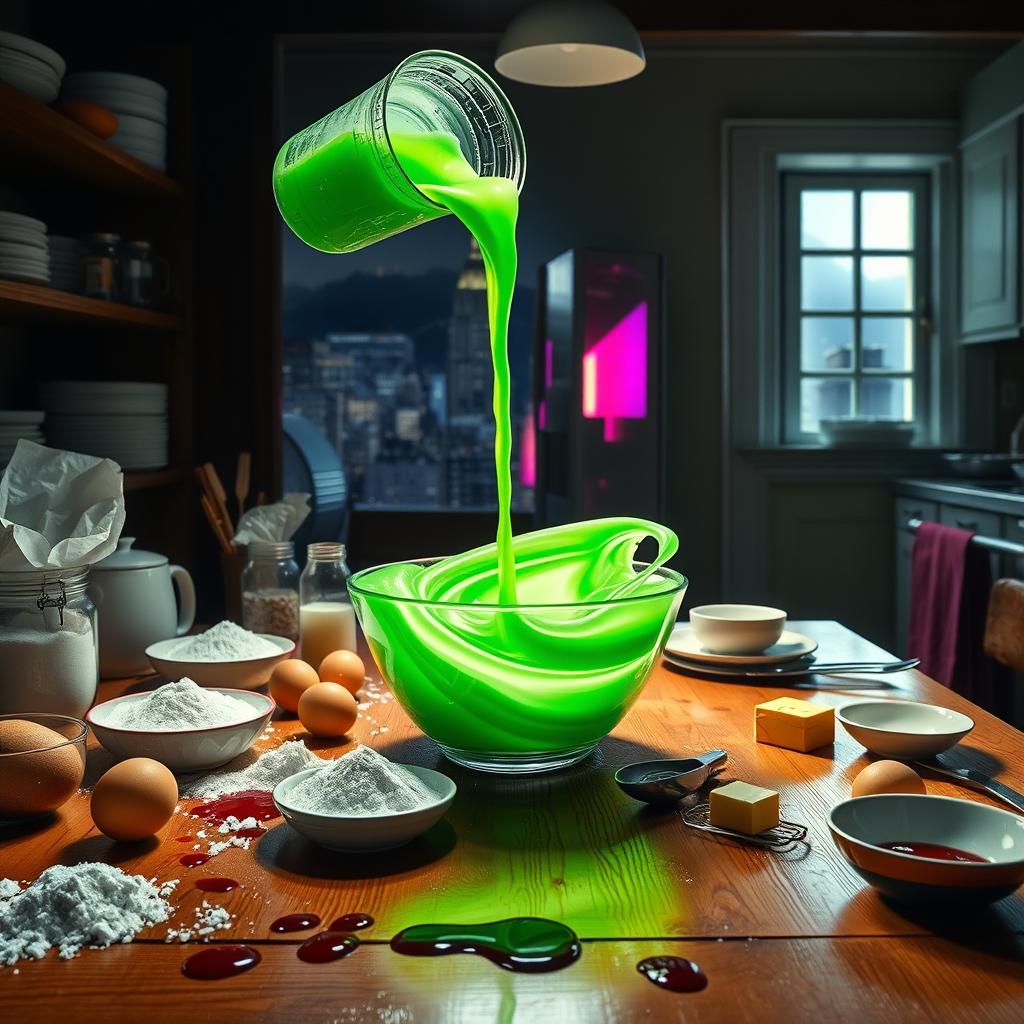 A wooden kitchen table filled with various baking ingredients like flour, sugar, eggs, and butter, with a vibrant, bright green gelatinous liquid being poured from a container into a central bowl