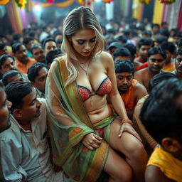 A busty, sad, and terrified beautiful blonde woman wearing a colorful transparent saree over her strapless bikini, emphasizing her big breast cleavage, small panty, and sexy legs