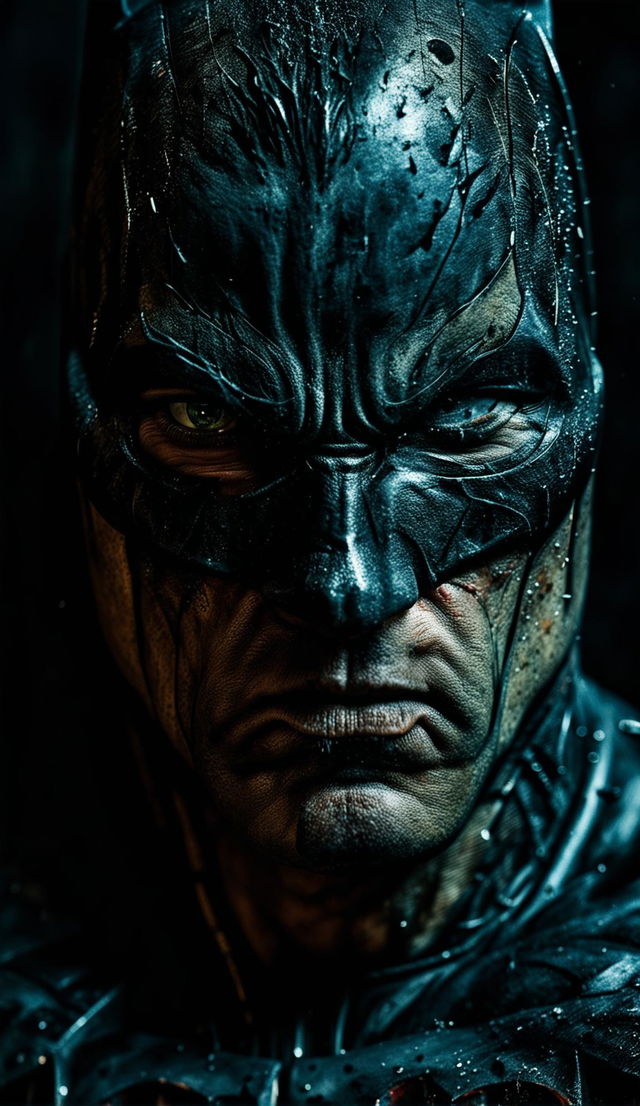 Ultra close-up 32k resolution photograph of a battle-weary Batman, focusing on his intense gaze and worn-out features.