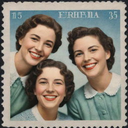 Three friends joyfully smiling, each distinguished by their unique features, depicted on vintage postage stamps side by side