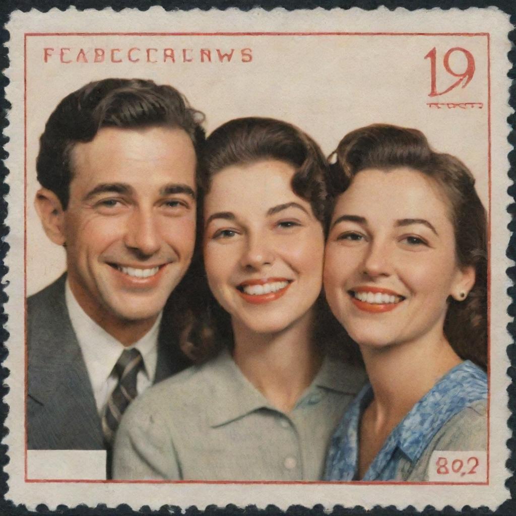 Three friends joyfully smiling, each distinguished by their unique features, depicted on vintage postage stamps side by side