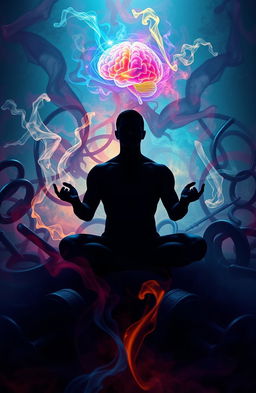 An abstract representation of the concept 'mind over muscle', featuring a silhouette of a person meditating amidst a chaotic background of tangled muscles and weights, symbolizing the power of mental strength over physical strength