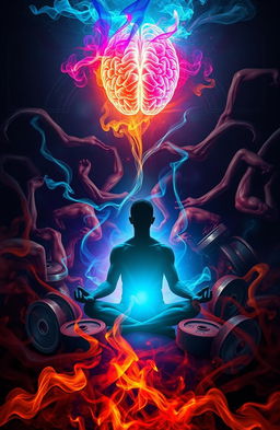 An abstract representation of the concept 'mind over muscle', featuring a silhouette of a person meditating amidst a chaotic background of tangled muscles and weights, symbolizing the power of mental strength over physical strength