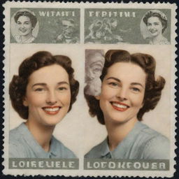 Three friends joyfully smiling, each distinguished by their unique features, depicted on vintage postage stamps side by side