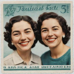 Three friends joyfully smiling, each distinguished by their unique features, depicted on vintage postage stamps side by side