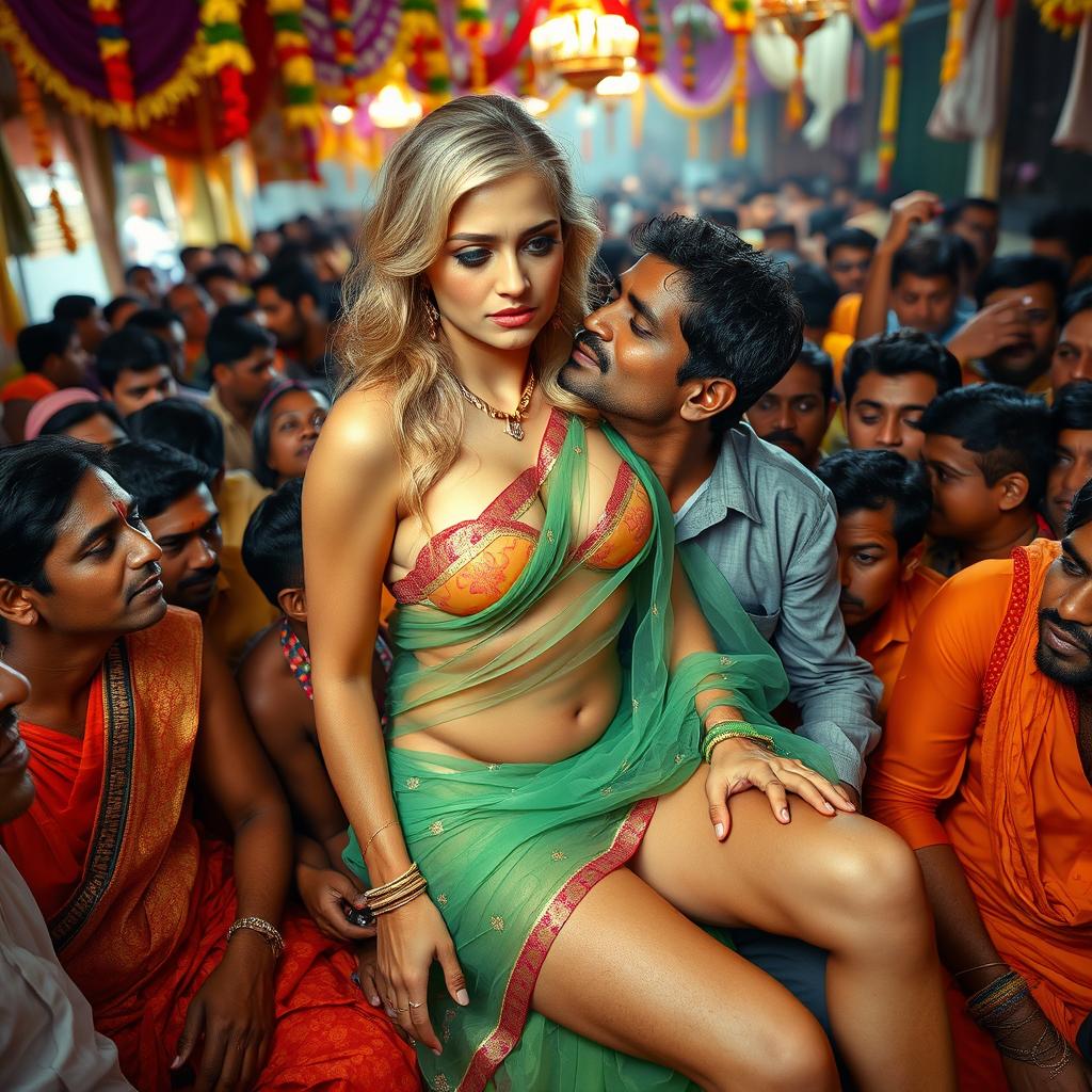 A busty, sad, and terrified beautiful blonde woman wearing a colorful transparent saree over her strapless bikini, highlighting her big breast cleavage, small panty, and sexy legs