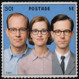 Three friends depicted as postage stamps, drawn stylistically similar to the art of graphic novelist Chris Ware.