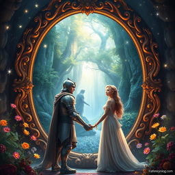 A mystical fantasy scene featuring an enormous ornate mirror that reflects a vibrant enchanted forest