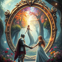 A mystical fantasy scene featuring an enormous ornate mirror that reflects a vibrant enchanted forest