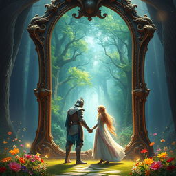 A mystical fantasy scene featuring an enormous ornate mirror that reflects a vibrant enchanted forest