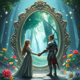 A mystical fantasy scene featuring an enormous ornate mirror that reflects a vibrant enchanted forest
