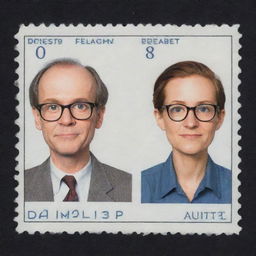 Three friends depicted as postage stamps, drawn stylistically similar to the art of graphic novelist Chris Ware.