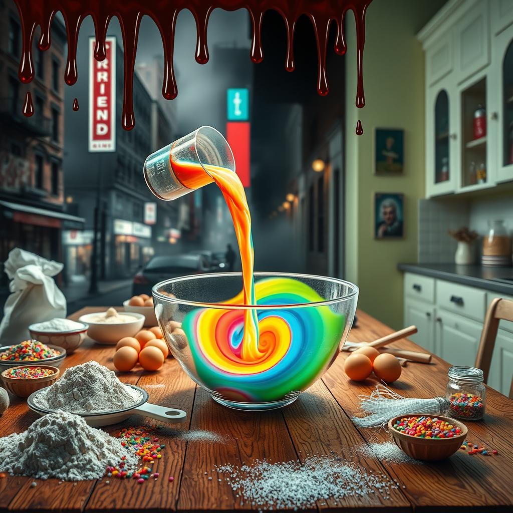 A detailed scene featuring a wooden table filled with various baking ingredients, such as flour, sugar, eggs, and colorful sprinkles