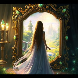 A fantasy scene featuring a large, ornate mirror reflecting a mystical realm