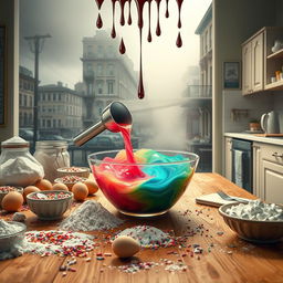 A detailed scene featuring a wooden table filled with various baking ingredients, such as flour, sugar, eggs, and colorful sprinkles