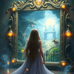 A fantasy scene featuring a large, ornate mirror reflecting a mystical realm