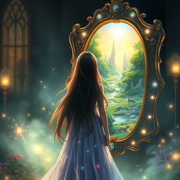 A fantasy scene featuring a large, ornate mirror reflecting a mystical realm