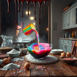 A detailed scene featuring a wooden table filled with various baking ingredients, such as flour, sugar, eggs, and colorful sprinkles