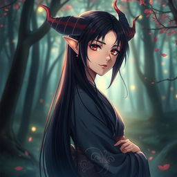 A beautiful and artistic portrayal of a demon girl inspired by anime, featuring long, flowing black hair with a hint of red