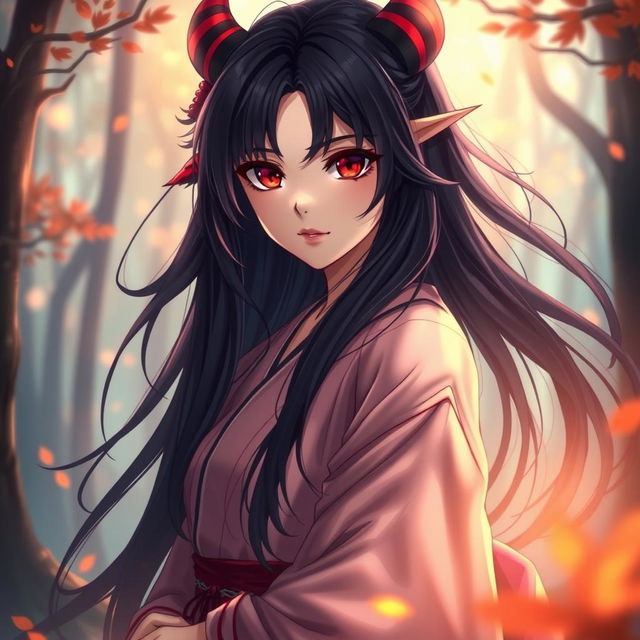 A beautiful and artistic portrayal of a demon girl inspired by anime, featuring long, flowing black hair with a hint of red