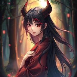 A beautiful and artistic portrayal of a demon girl inspired by anime, featuring long, flowing black hair with a hint of red