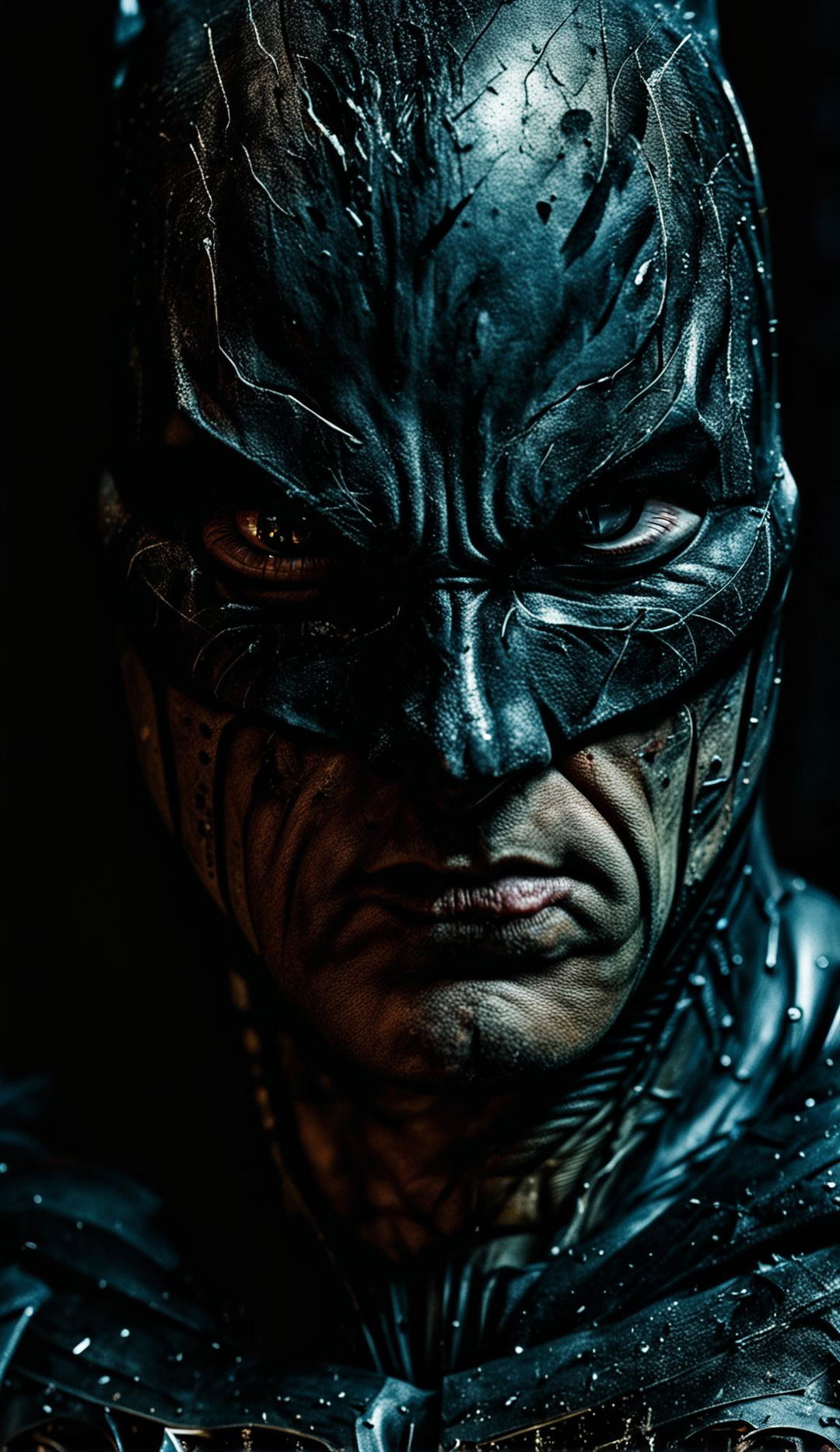 Ultra close-up 32k resolution photograph of a battle-weary Batman, focusing on his intense gaze and worn-out features, with his human skin visible