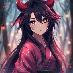 A beautiful and artistic portrayal of a demon girl inspired by anime, featuring long, flowing black hair with a hint of red