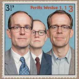 Three friends portrayed on postage stamps, drawn in the exact illustrative style of renowned comic book artist Chris Ware.