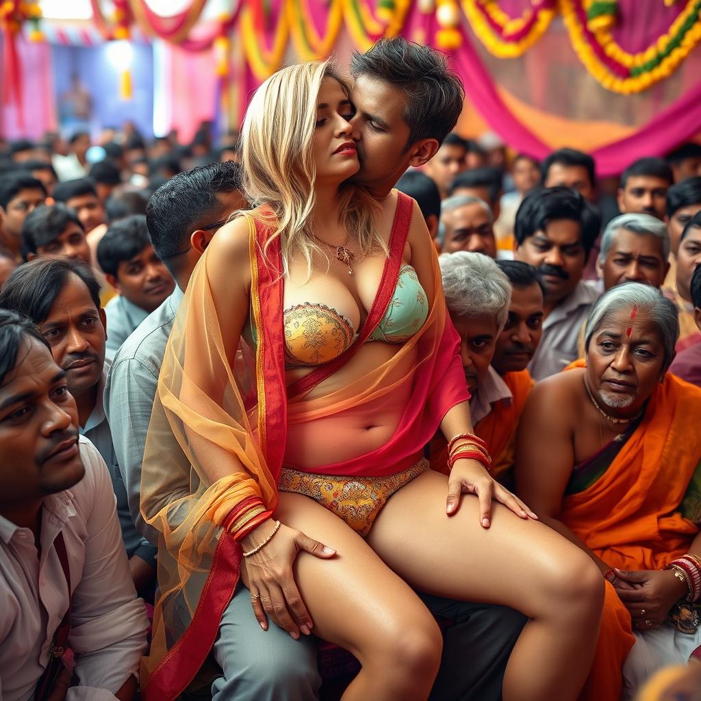 A busty, sad, and terrified beautiful blonde woman wearing a colorful transparent saree draped over her strapless bikini, showcasing her big breast cleavage, small panty, and sexy legs, along with a shapely figure