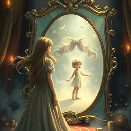 A captivating fantasy scene featuring a large, ornate mirror