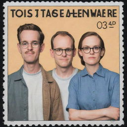 Three friends portrayed on postage stamps, drawn in the exact illustrative style of renowned comic book artist Chris Ware.