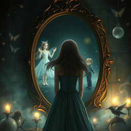 A captivating fantasy scene featuring a large, ornate mirror