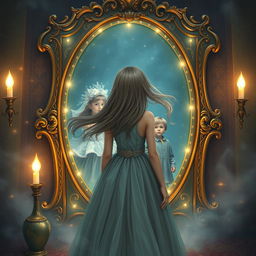 A captivating fantasy scene featuring a large, ornate mirror