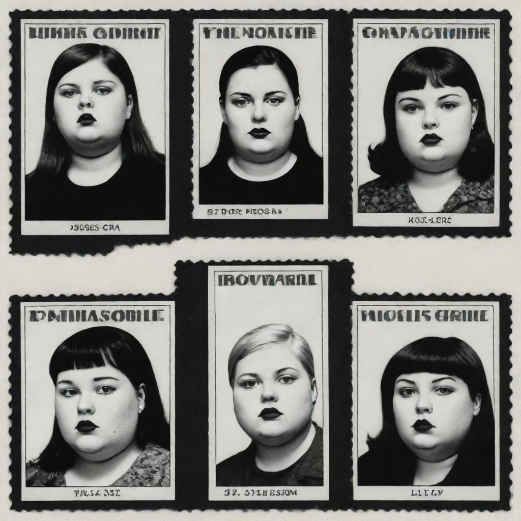 Generate three individual portraits of obese robot girls, in the distinct noir style of Charles Burns, each designed to fit on a stamp