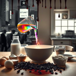 A table set with eggs, milk, sugar, flour, salt, and chocolate chips, prominently featuring a measuring cup pouring a vibrant multi-colored liquid into a bowl at the center of the table