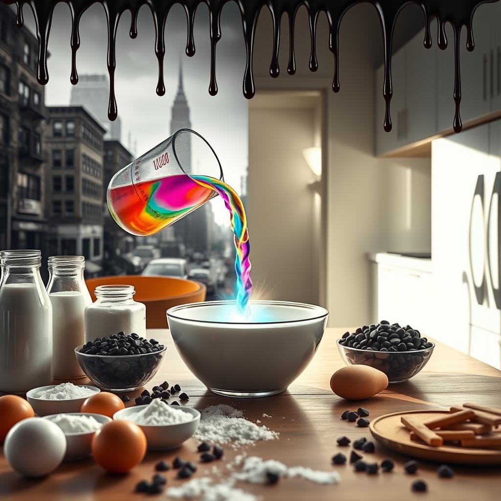 A table set with eggs, milk, sugar, flour, salt, and chocolate chips, prominently featuring a measuring cup pouring a vibrant multi-colored liquid into a bowl at the center of the table