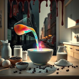 A table set with eggs, milk, sugar, flour, salt, and chocolate chips, prominently featuring a measuring cup pouring a vibrant multi-colored liquid into a bowl at the center of the table